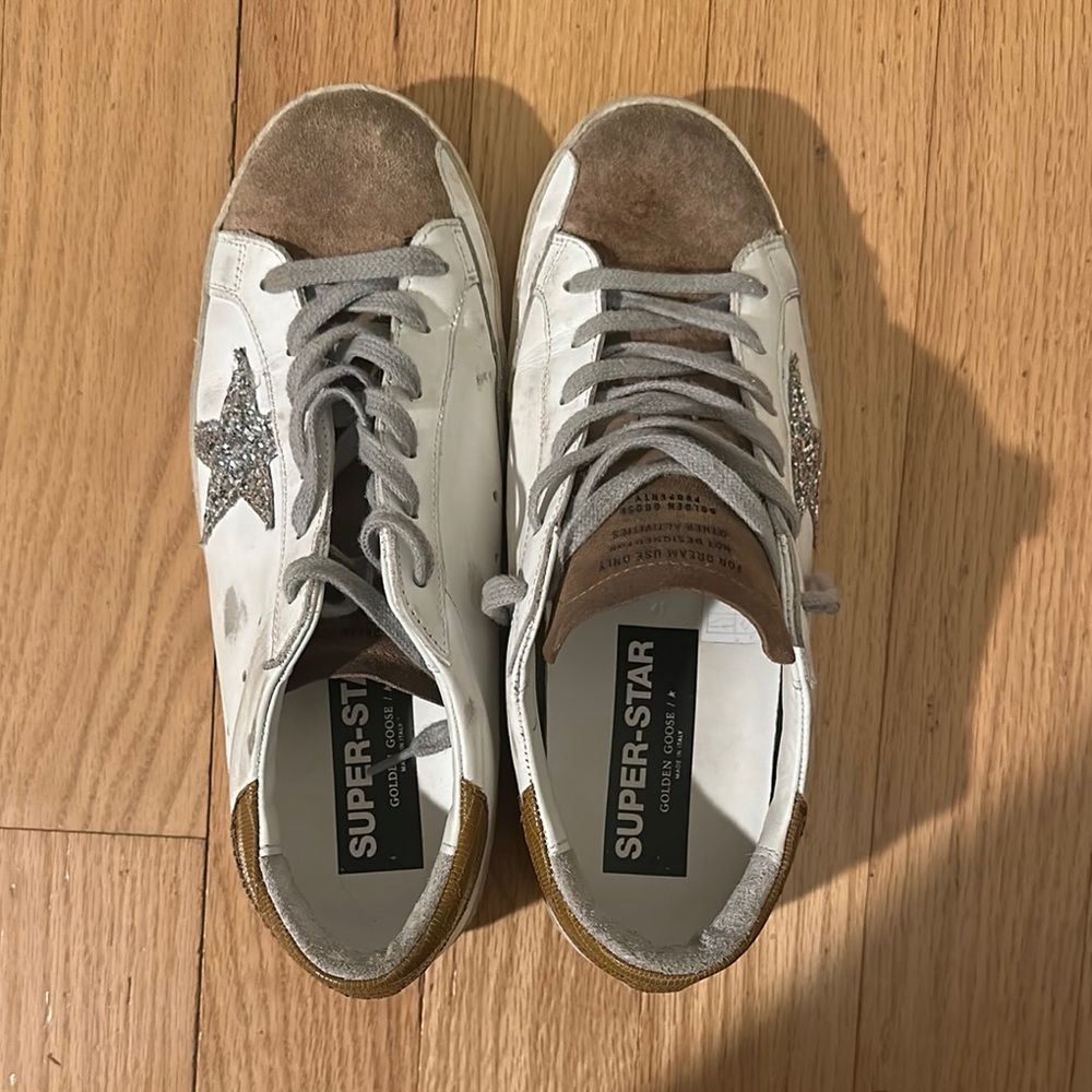 Golden Goose Super Stars with Silver Glitter Star and Brown Leather Heel